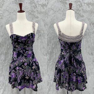 Free People Vintage Y2K Black Purple Floral Linen Cotton Mini Dress